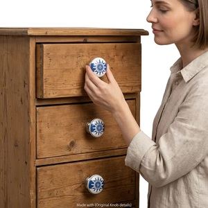 Coastal Style Porcelain Cabinet <b>Knob</b> Round Blue White Ship Wheel Design for Kitchen Furniture Handle - Product Image 2