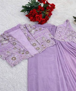 Elegant Purple <b>Saree</b> <b>With</b> Embroidered <b>Jacket</b> Women's Wedding Ethnic Wear Ready To Wear Floor Length Regular Fit 82846 BB-59 - Product Image 4