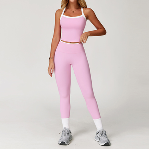 Conjunto de Yoga de 2 Piezas, Top Corto con Cuello Cuadrado y Tirantes, Leggings Largos sin Costuras de Cintura Alta, Ropa Deportiva - Product Image 4