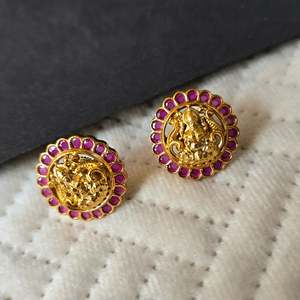 Vintage Gold Plated Laxmi Stud Earrings with Pearl and Geometric Design - Product Image 2