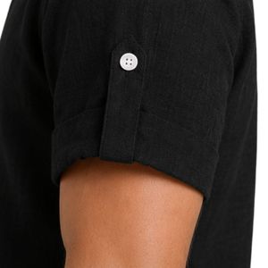 Camisa Henley de Lino Mezclado con Cuello Mandarín para Hombre, Negra, Manga Corta, Casual, Verano, Transpirable, con Botones, Personalizable OEM - Product Image 5