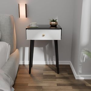 Mesita de noche moderna con patas de madera maciza, mesa auxiliar minimalista y práctica con cajón de almacenamiento, fácil montaje - Product Image 2
