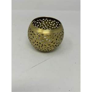 Portavelas Votivo Redondo de Metal Moderno con Filigrana - Portavelas de Hierro con Acabado Dorado Cepillado - Contenedor Decorativo Geométrico para Velas de Té - Product Image 1