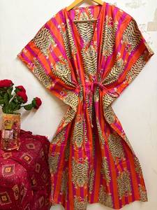 Women's Orange Floral Print Cotton Maxi V-neck <b>Kaftan</b> Dress <b>Beach</b> Cover up Boho Resort Wear Summer Lounge - Product Image 6