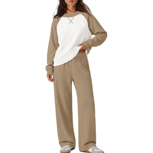 Conjunto de 2 piezas para mujer al por mayor: Sudadera con bloques de color y pantalón largo, cuello redondo, mangas raglán, ajuste regular, atuendo casual. - Product Image 6