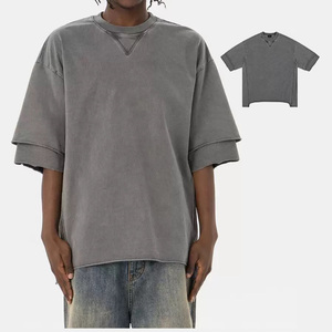 350 GSM camisa transpirable de manga de doble capa de alta calidad lavado ácido Vintage Patchwork hombres dobladillo crudo camiseta Patchwork gris hombres camiseta - Product Image 1