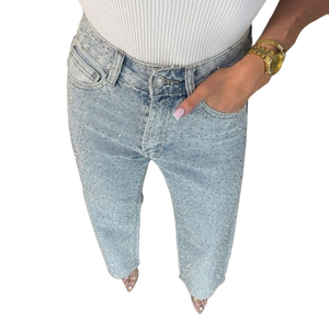 Jeans Rectos de Cintura Alta con Diamantes para Mujer, Pantalones Casuales de Mezclilla, Pantalones Elegantes, Ropa de Calle Moderna, Transpirable, de Algodón - Product Image 5