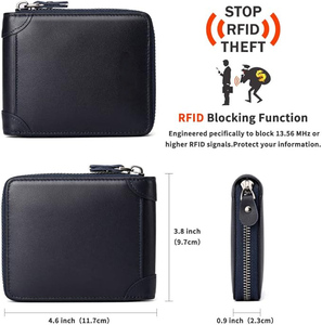 OEM High Quality Blue Genuine Leather Zipper <b>Wallets</b> Short Length Multi Card Use Custom Logo & <b>RFID</b> Printed Low MOQ - Product Image 2
