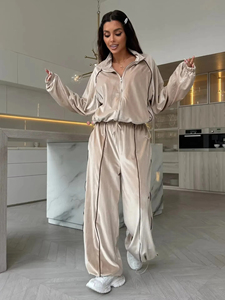Ensemble de survêtement en velours pour femme, haut zippé à manches longues, pantalon large, coupe ample, toutes saisons, couleur unie, tenue décontractée et sportive - Product Image 3