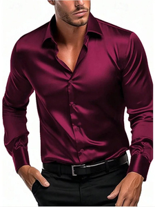 Chemise habillée en satin noir uni de qualité supérieure pour homme, à manches longues, coupe ajustée, infroissable, en soie tissée, avec boutons - Product Image 3