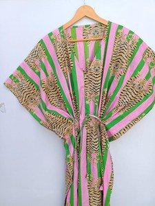 Premium Women Pink Green Tiger Print Cotton Kaftan <b>Dress</b> <b>Boho</b> Safari Resort Wear Maxi <b>Dress</b> - Product Image 3