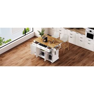 Carrello da Cucina Grande K K da 54 Pollici con 4 Ante, in Legno di Gomma, con Piano Ribaltabile e Texture Goffrata, su 4 Ruote - Product Image 4