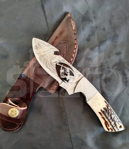Couteau de chasse OEM Wirecut en acier Damas, couteau à dépecer, lame fixe avec manche en bois de cerf, couteau de camping et d'extérieur EDC avec étui en cuir - Product Image 2