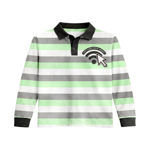 Camiseta de Manga Larga de Algodón de Alta Calidad, 180 GSM, Verde Gris a Rayas, Cuello Polo, Logotipo Bordado en Aplique, 100% Algodón - Product Image 1