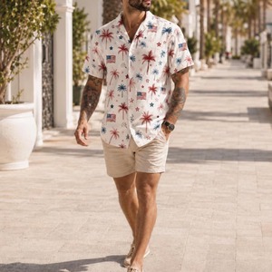 Chemise hawaïenne pour hommes à manches courtes, imprimé palmiers et drapeaux, col rabattu, chemises d'été respirantes - Product Image 4