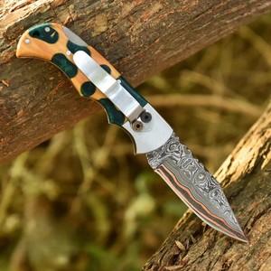 Hot Selling Copper Damascus Steel Folding <b>Knife</b> Back <b>Lock</b> Resin & Wood Handle With Clip and Sheath Cu Mai EDC Camping OEM <b>Knife</b> - Product Image 3