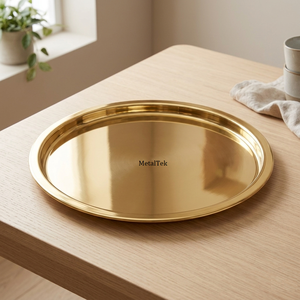 Stainless Steel 304 Premium Gold Plated Round <b>Serving</b> <b>Tray</b> <b>Large</b> Decorative Food Safe Metal Platter Wedding Tableware Gift <b>Trays</b> - Product Image 3