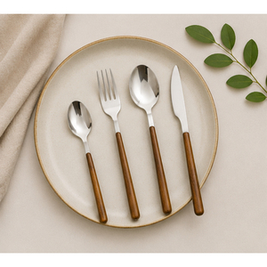Ensemble de couverts et d'ustensiles en acier inoxydable avec manche en bois écologique, finition miroir, moderne, pour la maison, les restaurants, les mariages et les fêtes - Product Image 5