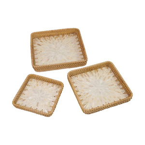Plateau de service carré minimaliste en rotin avec incrustation de nacre blanche, plateau de présentation pour table basse, décoration moderne pour la maison, OEM ODM - Product Image 3