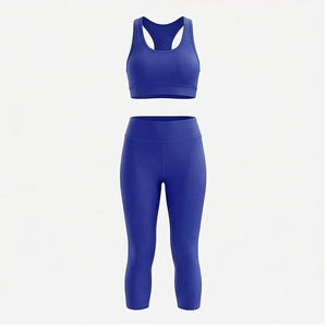 2 Piece Yoga Set Racerback <b>Crop</b> <b>Top</b> High Waist Calf Length Leggings Solid <b>Blue</b> Seamless Breathable Women's Sportswear Front - Product Image 1