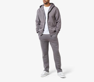 Ensemble de survêtement décontracté en molleton 100 % coton uni pour homme, avec sweat à capuche zippé et pantalon de jogging assorti - Product Image 1