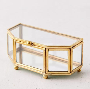 Best selling new design Vintage Hexagonal transparent <b>Glass</b> Jewelry <b>Box</b> with Gold Brass Frame Hinged Lid and Mirrored Bottom - Product Image 1