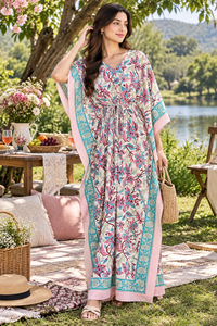 Robe Kaftan en coton pour femmes, imprimé floral, col en V, taille à cordon, manches courtes, coupe ample, tenue de plage, tenue de nuit - Product Image 1