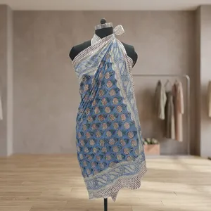 Blue Floral Hand Block Printed Cotton Sarong Scarf with Paisley Border Lightweight <b>Beach</b> <b>Wrap</b> Stole for Women - Product Image 5
