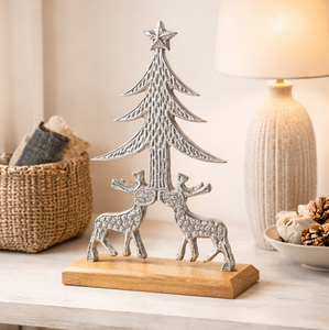 Handcrafted Silver Aluminum Christmas <b>Tree</b> With Reindeer Sculpture On Sustainable Mango Wood Base Modern Premium <b>Tabletop</b> Decor - Product Image 3