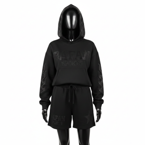 Ensemble court en molleton de coton et polyester noir pour femme, 320 GSM, doux, lourd, avec logo en strass personnalisé. - Product Image 6