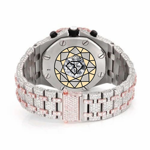 Reloj de Cuarzo Cronógrafo de Lujo con Cristales, Esfera Plateada en Tono Rosa, Estilo Diamante, Diseño Hip Hop, Correa de Acero Inoxidable para Hombre - Product Image 2