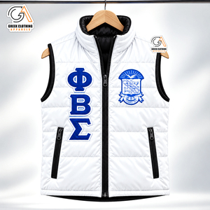<b>Men's</b> Phi Beta Sigma <b>White</b> <b>Puffer</b> Vest Stand Collar Zipper Windproof Casual Winter <b>Jacket</b> Blue Logo Front Eco-Friendly - Product Image 4