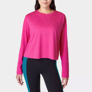 High Quality Women's <b>Pink</b> Knitted Long Sleeve <b>Crop</b> <b>Top</b> Crew Neck Loose Fit Breathable Solid Color Casual Wear All Seasons - Product Image 1