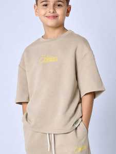 ONETEN APPARELS Ensemble de survêtement en coton beige pour garçons, col rond, manches courtes, coupe ample, pantalon à cordon avec poches latérales, printemps - Product Image 6