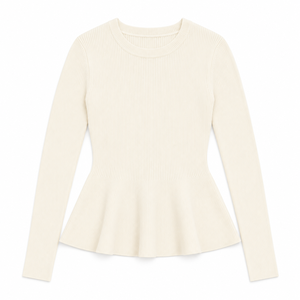 Pull côtelé à col rond en 100 % coton pour femme, manches longues, couleur unie, style décontracté, automne-hiver, OEM ODM Front - Product Image 1