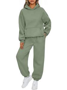 Ensemble de survêtement décontracté 2 pièces pour femme, taille élastique, 100 % coton, collection automne-hiver, ensemble sweat à capuche vierge, vente en gros - Product Image 3