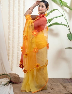 KV Women's Surajmukhi Yellow Organza Silk <b>Saree</b> Without Blouse - Product Image 2