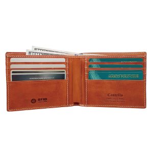 High Quality Castello Italian Vacchetta Leather <b>RFID</b> Bi-Fold Billfold ID Card <b>Wallet</b> for Men Short Length Polyester Opening - Product Image 1