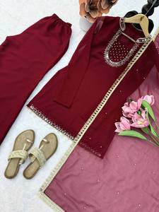 Burgundy Indian Pakistani Set Embroidered Long Sleeve <b>Kurta</b> Palazzo Dupatta <b>Women</b> Formal Wear - Product Image 6