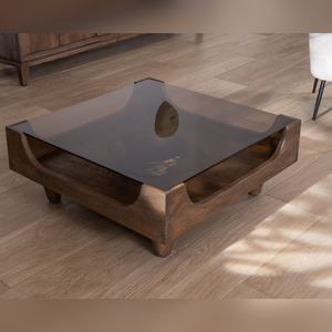 Vandana Golden Surface vintage design <b>square</b> coffee <b>table</b> in mango wood with <b>glass</b> top - Product Image 2