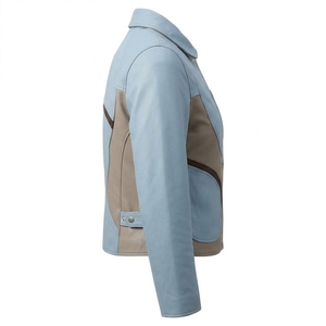 Blouson Trucker en Cuir Véritable Bleu Clair pour Femme, Manteau Biker Beige à Blocs de Couleurs, Col Rabattu à Boutons Pression, Vêtement d'Extérieur Décontracté - Product Image 3