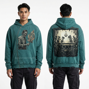 Sudadera con capucha azul verdoso vintage con gráfico de astrónomo zombi y telescopio espacial para hombre, estilo oversize, lavado ácido, streetwear, proveedor personalizado - Product Image 5