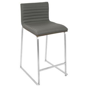 Mara 26\" Contemporary Counter <b>Stool</b> Set of 2 Brushed Stainless Steel & Walnut Wood Grey Faux <b>Leather</b> Modern Bar <b>Stools</b> - Product Image 3