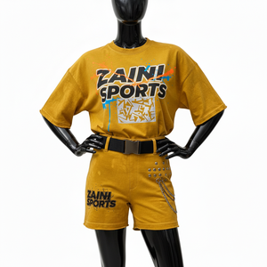 Ensemble T-shirt et short pour femme en jersey de coton de haute qualité 180 GSM, toucher doux, couleur moutarde, logo imprimé, ensembles pour femmes - Product Image 4