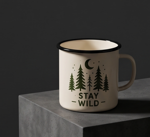 Off White Cream Iron Enamel Mug Designed for Forest Explorers and Adventure Brand Retailers Featuring Dark Green Pine Trees - Product Image 1