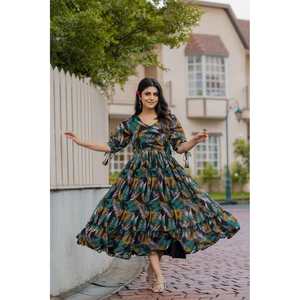 MODA GEORGETTE ESTAMPADO DIGITAL FLORAL TRABAJO LISTO PARA LLEVAR VESTIDO NEGRO - Product Image 1