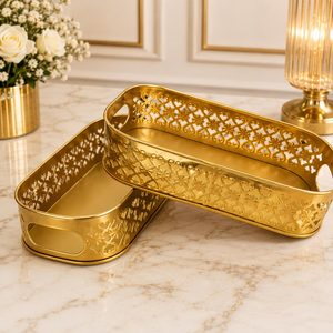 Juego de 2 bandejas de servir redondas decorativas de metal dorado, bandejas de presentación de lujo para mesa, para el hogar, hotel, restaurante, fiestas - Product Image 5