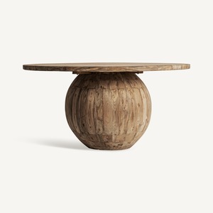 Rustic Modern <b>Wooden</b> <b>Dining</b> <b>Table</b> with <b>Round</b> Top and <b>Solid</b> Teak Base for Contemporary Home Interior - Product Image 2