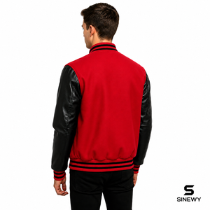 Veste universitaire rouge pour homme SINEWY, manches en cuir PU, col montant, vêtement décontracté pour l'automne - Product Image 5
