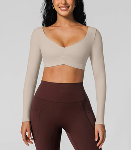 2027 OEM Wholesale Women's Compression Breathable Yoga Shirt for Outdoor Sports Gym T-Shirt V Neck Long Sleeve <b>Cropped</b> Yoga <b>Top</b> - Product Image 3